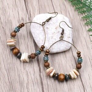 Boho Blue and Brown Beaded Large Statement Chunky Hoop Dangle Earrings Beachy